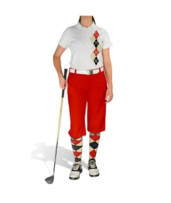 Golf Knickers: Ladies Argyle Paradise Golf Shirt - Natural/Black/Red pas chere