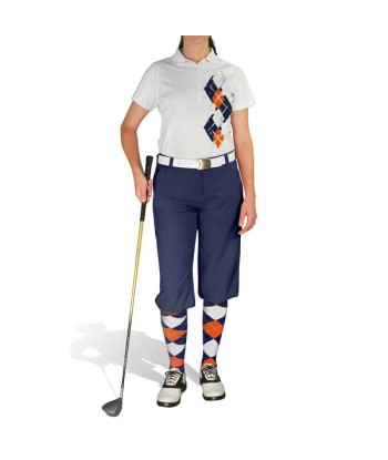 Golf Knickers: Ladies Argyle Paradise Golf Shirt - Navy/Orange/White 2023