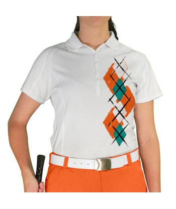 Golf Knickers: Ladies Argyle Paradise Golf Shirt - Orange/White/Teal Fin de série