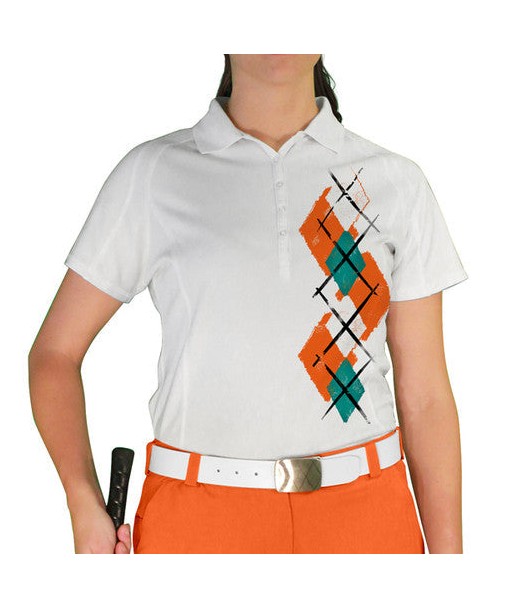 Golf Knickers: Ladies Argyle Paradise Golf Shirt - Orange/White/Teal Fin de série