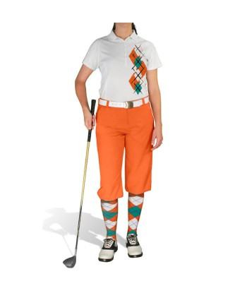 Golf Knickers: Ladies Argyle Paradise Golf Shirt - Orange/White/Teal Fin de série