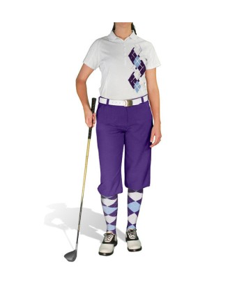 Golf Knickers: Ladies Argyle Paradise Golf Shirt - Purple/Light Blue/White Fin de série