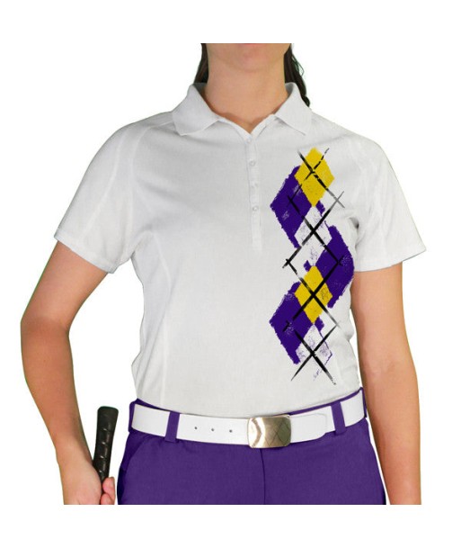 Golf Knickers: Ladies Argyle Paradise Golf Shirt - Purple/Yellow/White la chaussure