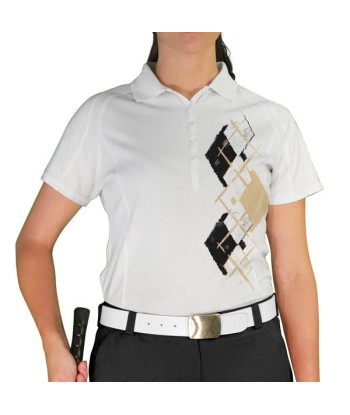 Golf Knickers: Ladies Argyle Paradise Golf Shirt - White/Black/Khaki paiement sécurisé