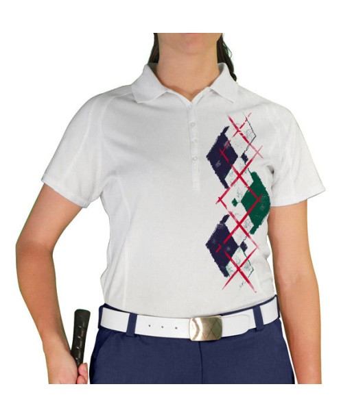 Golf Knickers: Ladies Argyle Paradise Golf Shirt - White/Dark Green/Navy de pas cher