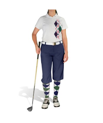 Golf Knickers: Ladies Argyle Paradise Golf Shirt - White/Dark Green/Navy de pas cher