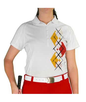 Golf Knickers: Ladies Argyle Paradise Golf Shirt - White/Gold/Red suggérées chez