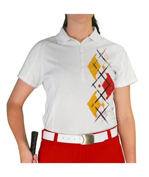 Golf Knickers: Ladies Argyle Paradise Golf Shirt - White/Gold/Red suggérées chez