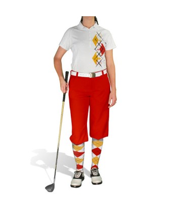 Golf Knickers: Ladies Argyle Paradise Golf Shirt - White/Gold/Red suggérées chez