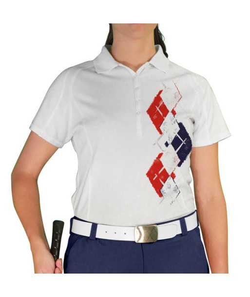 Golf Knickers: Ladies Argyle Paradise Golf Shirt - White/Navy/Red Fin de série