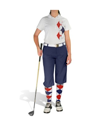 Golf Knickers: Ladies Argyle Paradise Golf Shirt - White/Navy/Red Fin de série