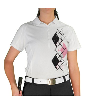 Golf Knickers: Ladies Argyle Paradise Golf Shirt - White/Pink/Black Le MVP de beaucoup