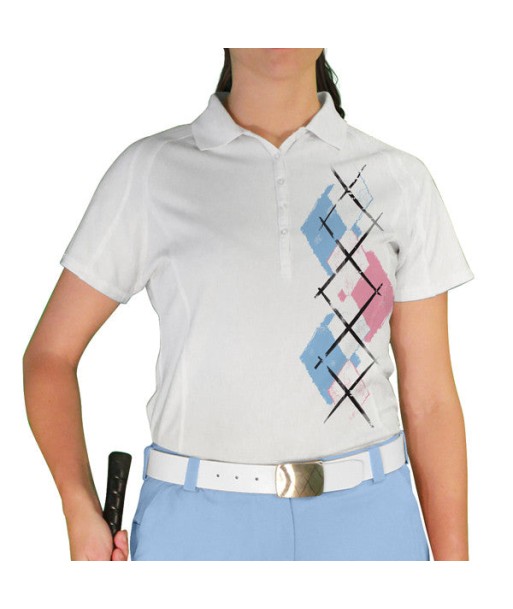 Golf Knickers: Ladies Argyle Paradise Golf Shirt - White/Pink/Light Blue vous aussi creer 