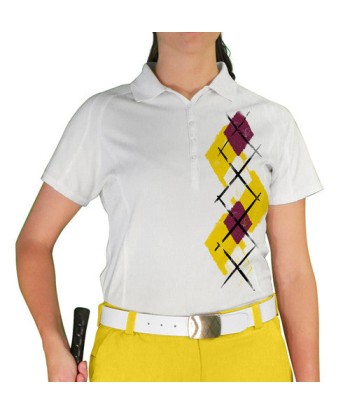 Golf Knickers: Ladies Argyle Paradise Golf Shirt - Yellow/Maroon/White de France