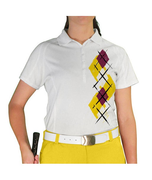 Golf Knickers: Ladies Argyle Paradise Golf Shirt - Yellow/Maroon/White de France