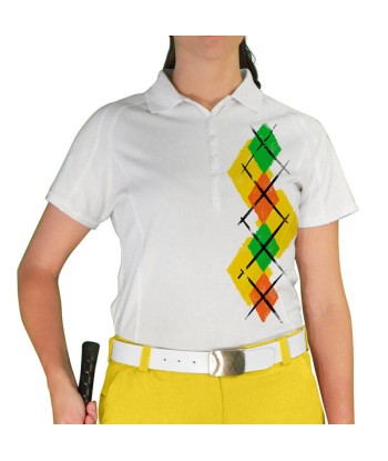 Golf Knickers: Ladies Argyle Paradise Golf Shirt - Yellow/Orange/Lime paiement sécurisé