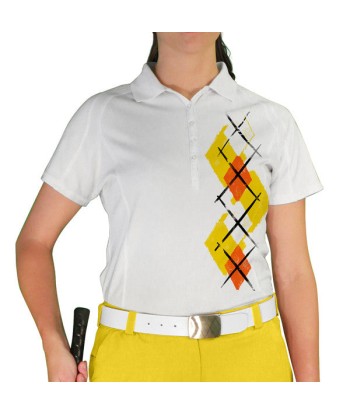 Golf Knickers: Ladies Argyle Paradise Golf Shirt - Yellow/Orange/White votre