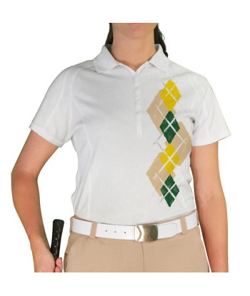 Golf Knickers: Ladies Argyle Paradise Golf Shirt - Khaki/Dark Green/Yellow Profitez des Offres !