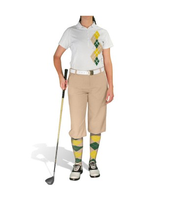 Golf Knickers: Ladies Argyle Paradise Golf Shirt - Khaki/Dark Green/Yellow Profitez des Offres !