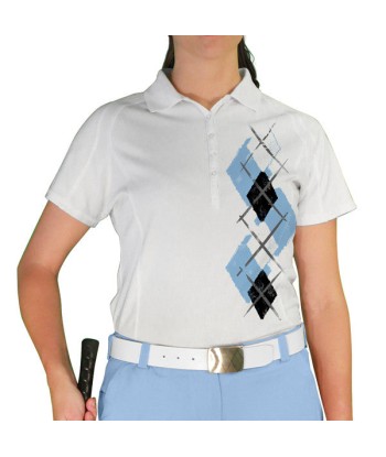 Golf Knickers: Ladies Argyle Paradise Golf Shirt - Light Blue/Black/White ouvre sa boutique