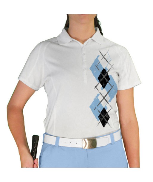 Golf Knickers: Ladies Argyle Paradise Golf Shirt - Light Blue/Black/White ouvre sa boutique