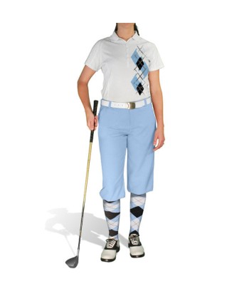 Golf Knickers: Ladies Argyle Paradise Golf Shirt - Light Blue/Black/White ouvre sa boutique