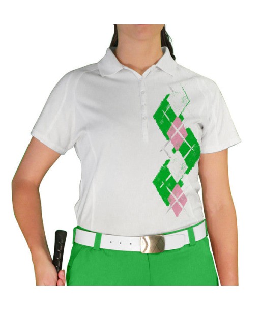 Golf Knickers: Ladies Argyle Paradise Golf Shirt - Lime/Pink/Black en linge