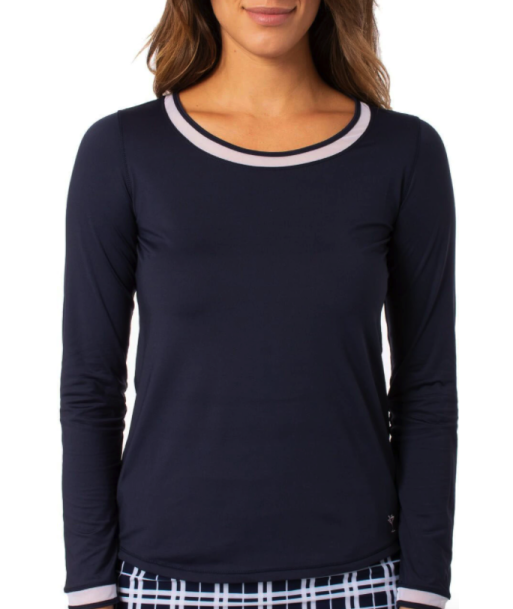 Golftini: Women's Long Sleeve Mesh Trim Top - Navy & White destockage