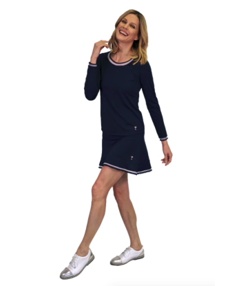 Golftini: Women's Long Sleeve Mesh Trim Top - Navy & White destockage